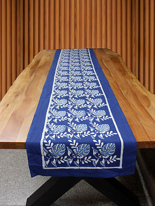 Blue Cotton Hand Block Printed Table Runner (L-90in, W-17in)