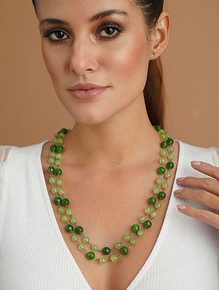 Green Gold Tone Beaded Necklace with Jade