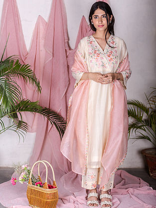 Off White Embroidered Chanderi Kurta with Cotton Pants and Pink Organza Dupatta (Set of 3)