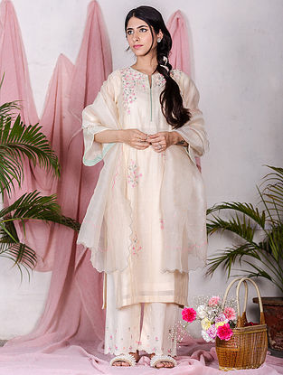 Off White Embroidered Chanderi Kurta with Cotton Pants and Organza Dupatta (Set of 3)