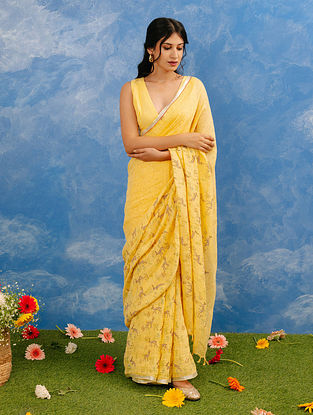 Yellow Handwoven Block Printed Linen Saree