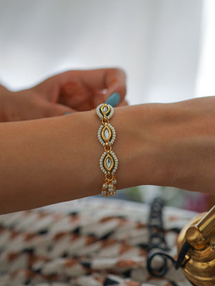 White Gold Plated Kundan Bracelet with Pearls