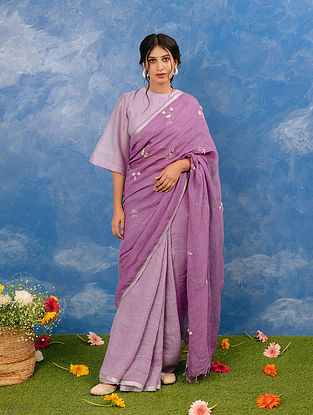 Purple Handwoven Hand Embroidered Linen Saree