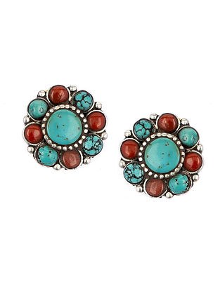 Silver Earrings With Coral And Turquoise