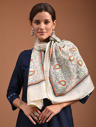 Cream Hand Embroidered Kantha Silk  Stole