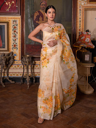 Off White Hand-Painted Organza Saree