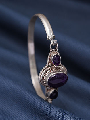 Purple Tribal Silver Bangle With Amethyst (Size- 2/3)