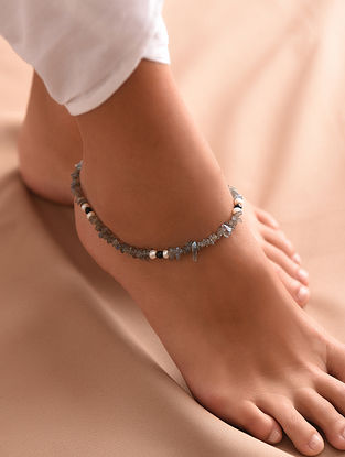 Grey Black Sterling Silver Anklet With Labradorite, Onyx And Cultured Freshwater Pearls (Single)