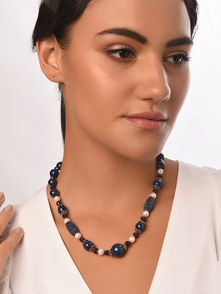 Blue Maroon Sterling Silver Necklace With Lapis Lazuli, Cultured Freshwater Pearl And Garnet