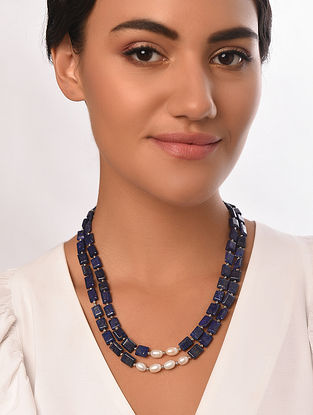 Blue Sterling Silver Necklace With Lapis Lazuli And Cultured Freshwater Pearls