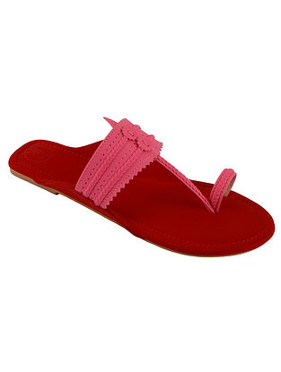 Pink Handcrafted Faux Leather Kolhapuri Flats