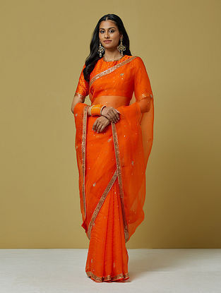 Orange Bandhaniprinted Chanderi Stiched Blouse with Organza Saree and Satin Peticoat (Set of 3)