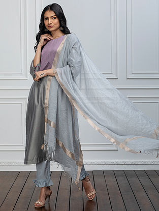 Grey Handwoven Cotton Chanderi Dupatta with Zari Trims
