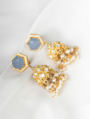 Blue Gold Tone Silver Earrings With Semiprecious Polki