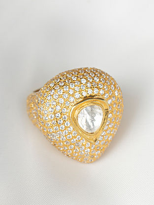 Gold Tone Silver Ring With Semiprecious Polki (Size-14)