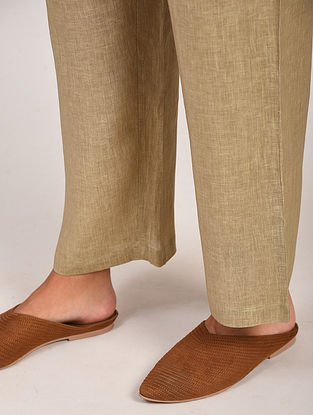 Beige Linen Elasticated Waist Pants with Drawstring
