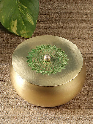 Golden And Green Hand Painted Brass Trinket Box With Lid (D- 4in, H- 2in)