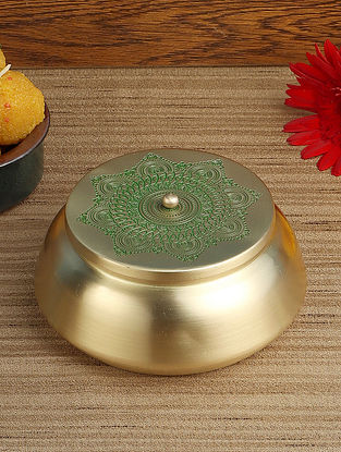 Golden And Green Hand Painted Brass Jar With Lid (D- 6in, H- 3in)