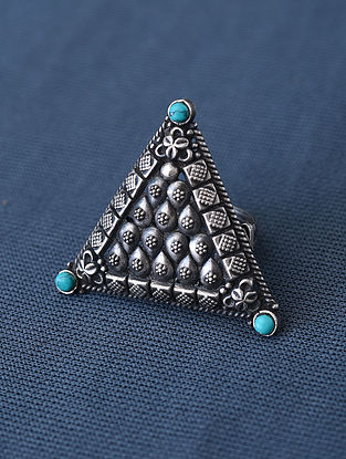 Tribal Silver Adjustable Ring With Turquoise (Size- 14)