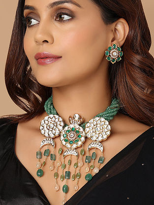 Green Gold Plated Kundan Necklace Set with Jade and Agate