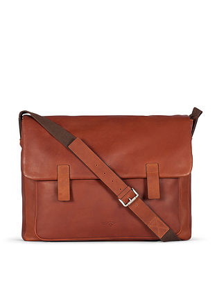 Tan Handcrafted Genuine Leather Laptop Bag For Men(15in)