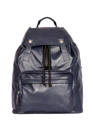 Navy Blue Handcrafted Genuine Leather Laptop Backpack For Men(15in)
