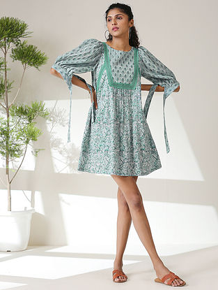 June Sea Blue Hand Block Printed Cotton Short Dress with Lace Detailing