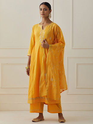 Yellow Chanderi Silk Dupatta with Pittan Jaal