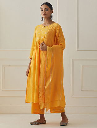 Yellow Pittan Embroidered Cotton Slub Kurta with Pants and Chanderi Silk Dupatta with Pittan Lines (Set of 3)