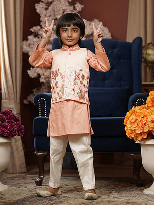 Peach Gota Embroidered Silk Nehru Jacket with Kurta and Pyjama (Set of 3)