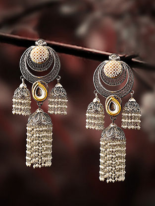 Dual Tone Filigree Silver Earrings With Pearls