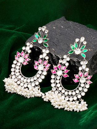 Green Red Silver Kundan Earrings With Pearls And Semiprecious Stone