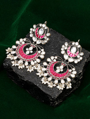 Red Silver Kundan Earrings With Pearls And Semiprecious Stone 