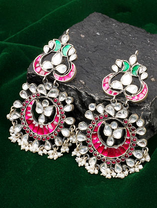 Green Red Silver Kundan Earrings With Pearls 
