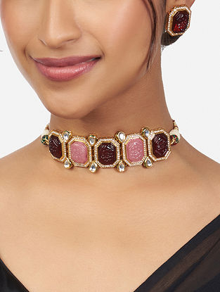 Red Pink Gold Tone Handcrafted Choker Necklace Set