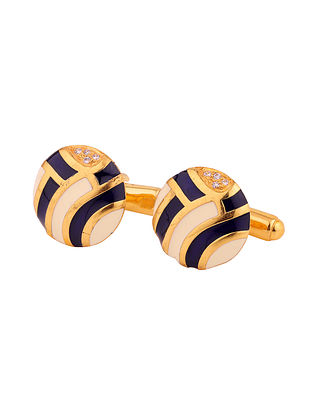 Blue White Gold Plated Enamelled Silver Cufflinks With CZ (Set of 2)