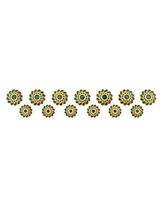 Green Yellow Gold Plated Enamelled Silver Buttons With CZ (Set of 13)