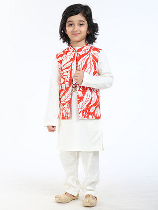 Red Sequin Embroidered Linen Nehru Jacket with Kurta and Pyjama (Set of 3)