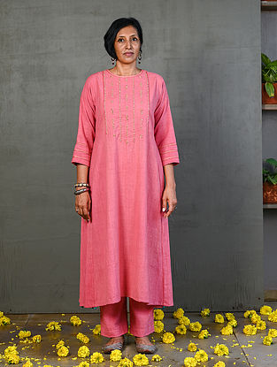 Mustika Pink Handwoven and Hand Embroidered Kala Cotton Kurta