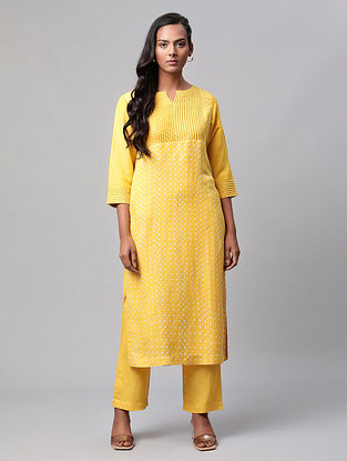 Yellow Sequin Embroidered  Linen Kurta and Pants (Set of 2)
