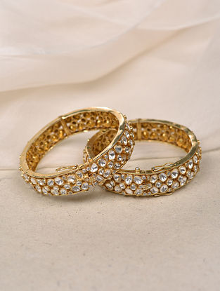 Gold Plated Vellore Polki Silver Openable Bangle (Pair) (Size- 2/4)