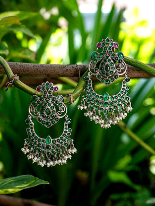 Green Pink Tribal Silver Earrings With Pearls And Glass