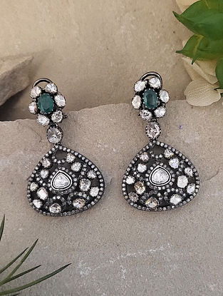 Silver Polki Earrings with Diamonds and Emerald