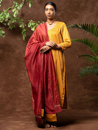 Mustard and Maroon Cotton Silk Kurta with Pants and Handloom Chanderi Silk Dupatta (Set of 3)