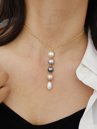White Grey Gold Plated Handcrafted Necklace with Pearls