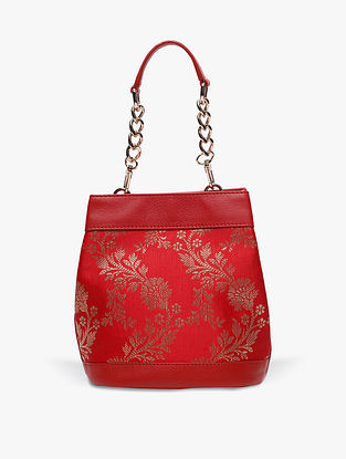Red Handcrafted Benarasi Brocade Genuine Leather Bucket Bag