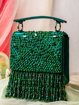 Green Handcrafted Beaded Satin Clutch