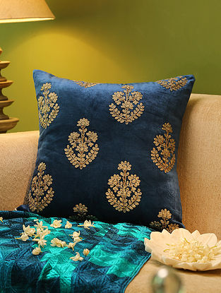 Blue Zari Embroidery And Hand Beaded Cushion Cover 