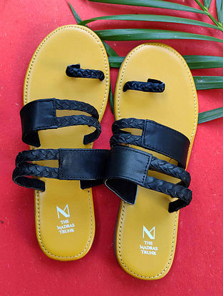 Mustard Yellow Black Handcrafted Leather Flats