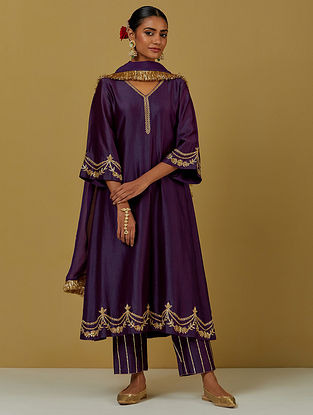 Purple Embroidered Chanderi Silk Kurta with Pants and Tissue Organza Dupatta (Set of 3)